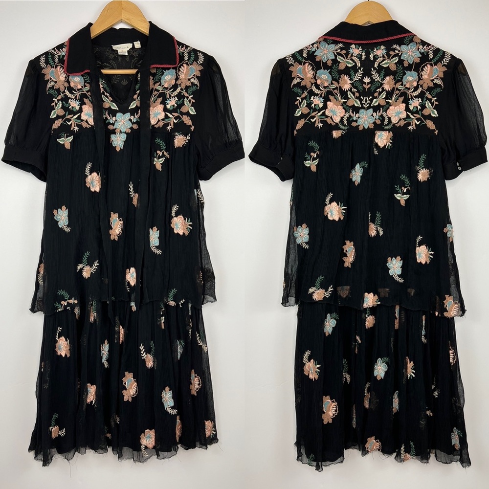 Anthropologie Let Me Be Vivian Floral Dress black tiered embroidered floral S - Picture 4 of 11